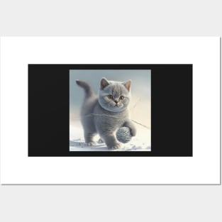 British Shorthair Cat playing with a ball of string Posters and Art